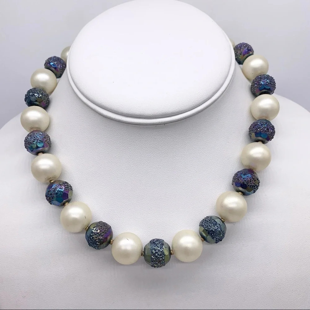 Trifari Vintage Crown Trifari Beaded Faux Pearl & Carnival Glass Necklace